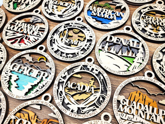 National Park- Laser Cut Wooden Christmas Ornaments Set 2 E-L