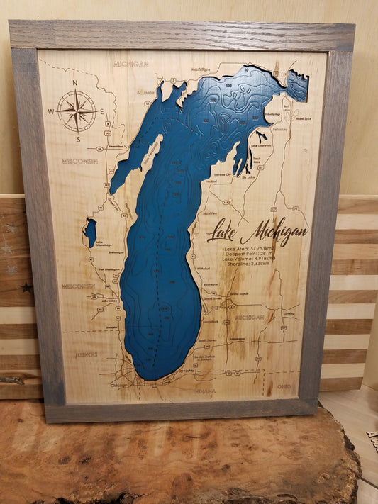 Custom Lake Depth Map One Layer or Multi Layered. -Laser Cut Laser Engraved.